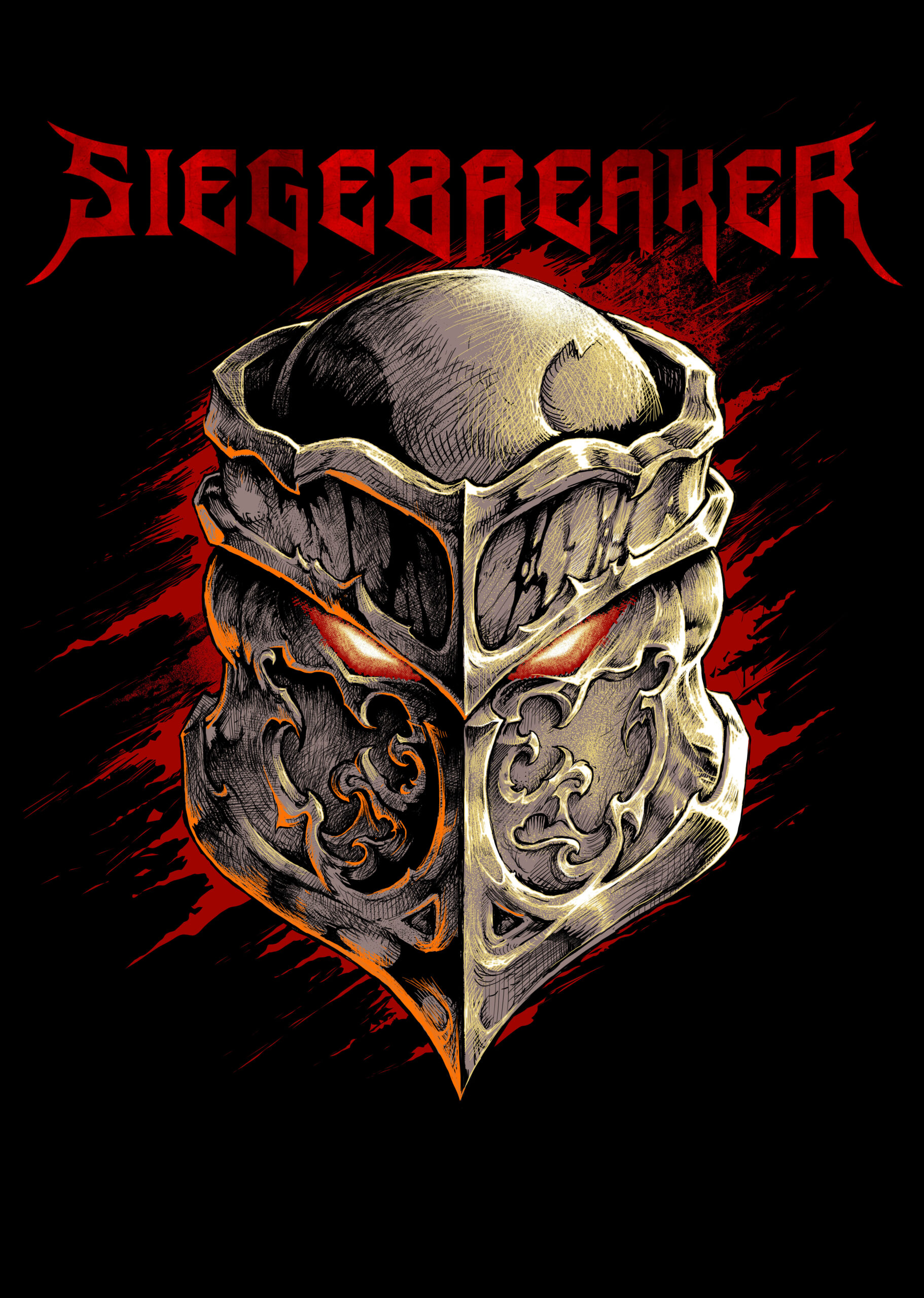The promotional photo for announced performer, Siegebreaker. The image contains the band logo across the top in red font while a helmet underneath shows a covered face and omnious, glaring eyes that glow menacingly.