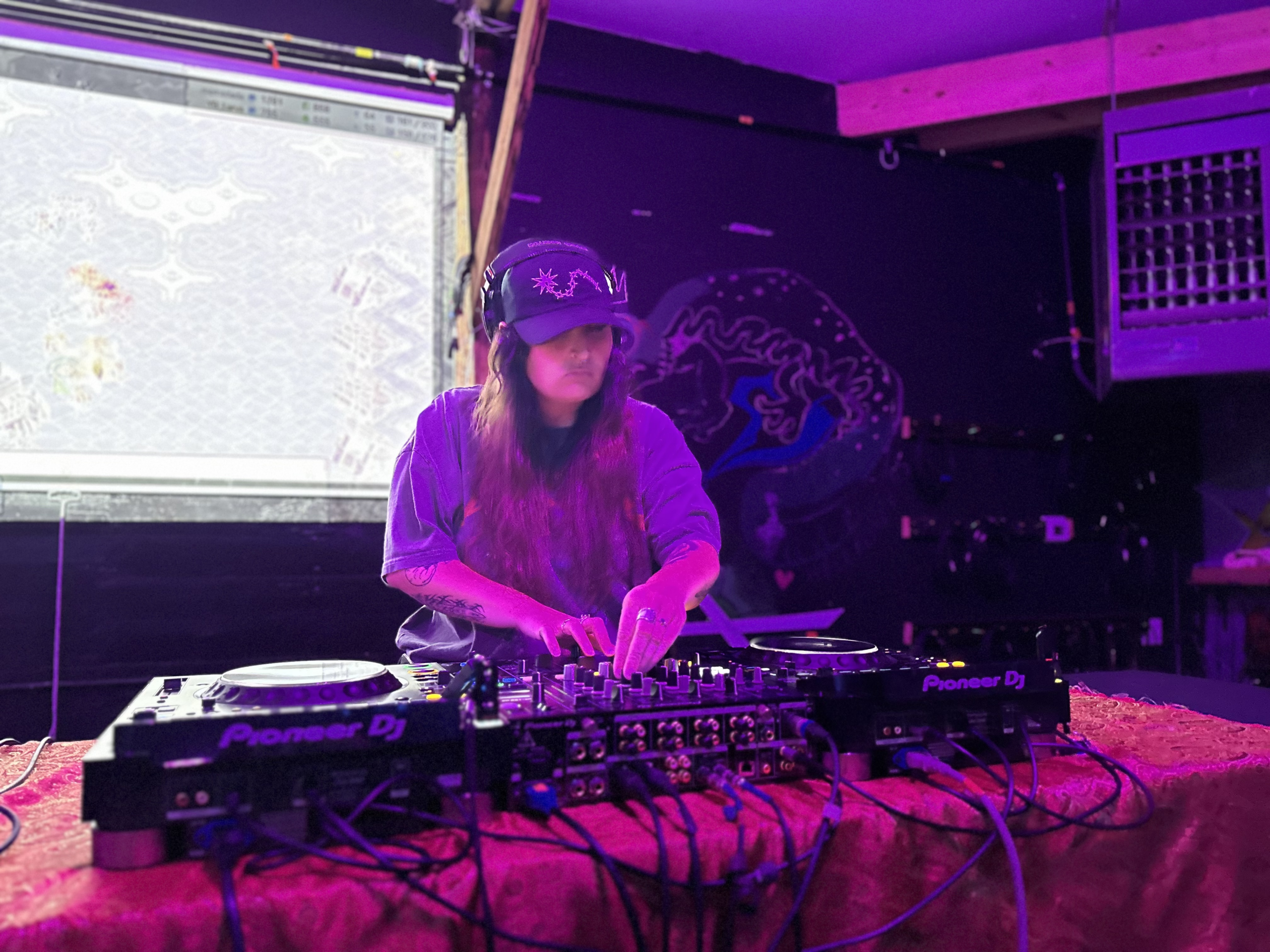 An image of MAGStock performer pretty feral is displayed. Kitty stands behind a table in a dark room with bright visuals cast on the screen behind her. With her hat tipped low, she focuses on spinning the deck and providing a bumping beat to an unseen crowd.